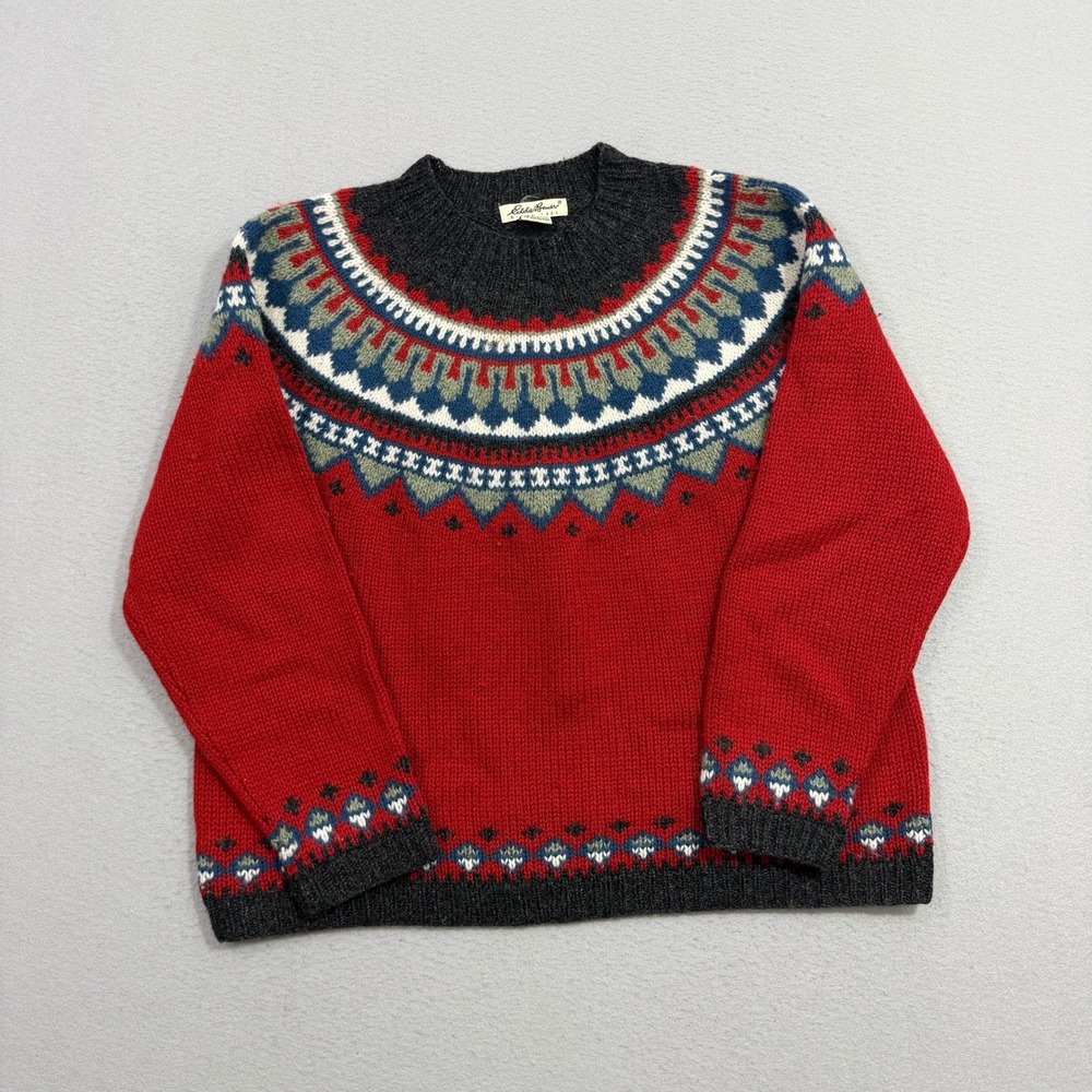 Eddie Bauer Sweater Womens Large Red Fair Isle Wool Pullover Long Sleeve Nordic